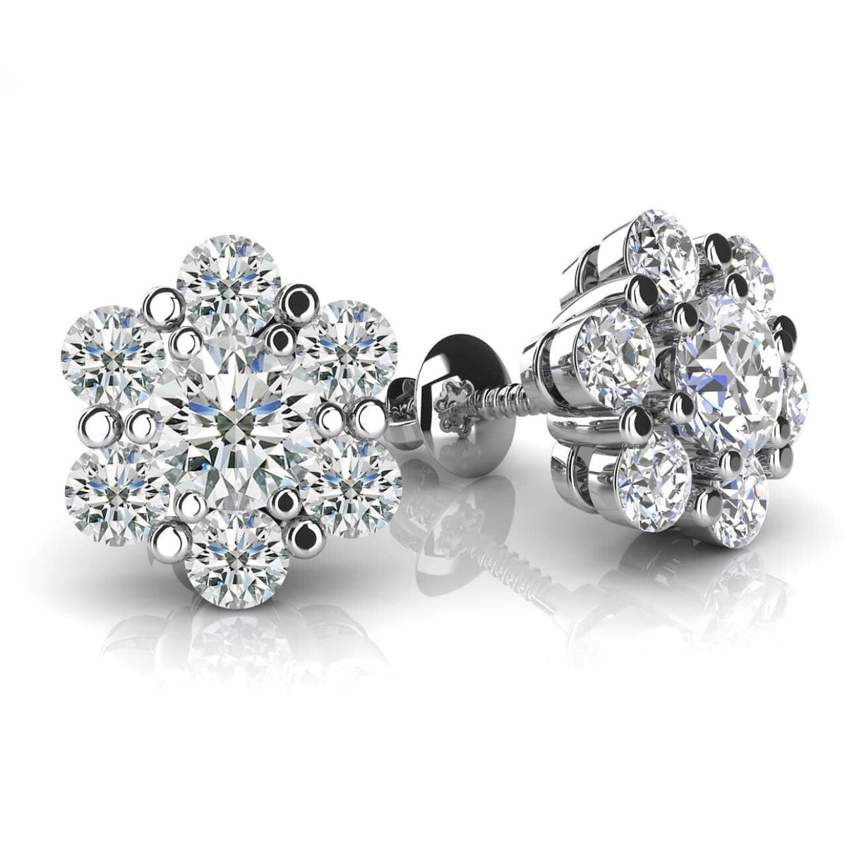 Flower Shape Diamond Cluster Stud  Earrings- Choice of Lab or Natural Diamonds - .50ct to 1.46ct TW