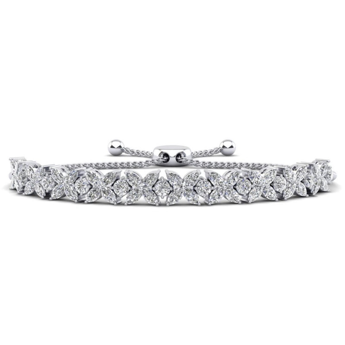 Flowers of Marquise / Round Diamond Adjustable Bracelet - Choice of White Gold or Yellow Gold -5.26ct to 7.60ct Total Weight