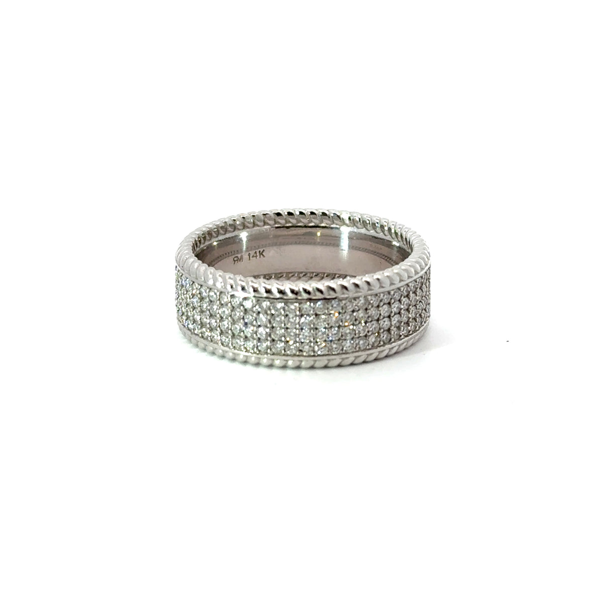 Men&#39;s 9MM Flat with Rope Edge Design - 4 Rows of Diamonds - 1/2 Way - Choice of White Gold , Yellow Gold , Rose Gold or Cobalt