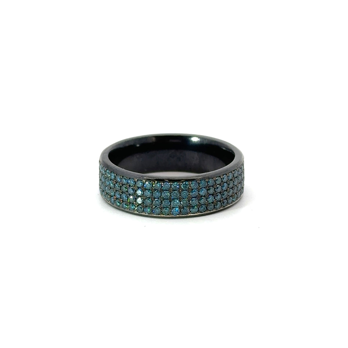 Men&#39;s 7MM Flat Wedding Band with 4 Rows of Blue Diamonds - Choice of Zirconium