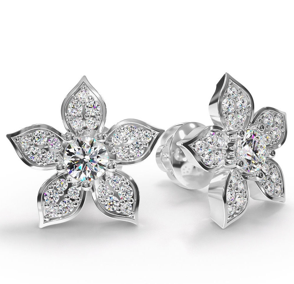 Flower Design Diamond Stud Earrings with Center Diamond- .63ct Total Weight