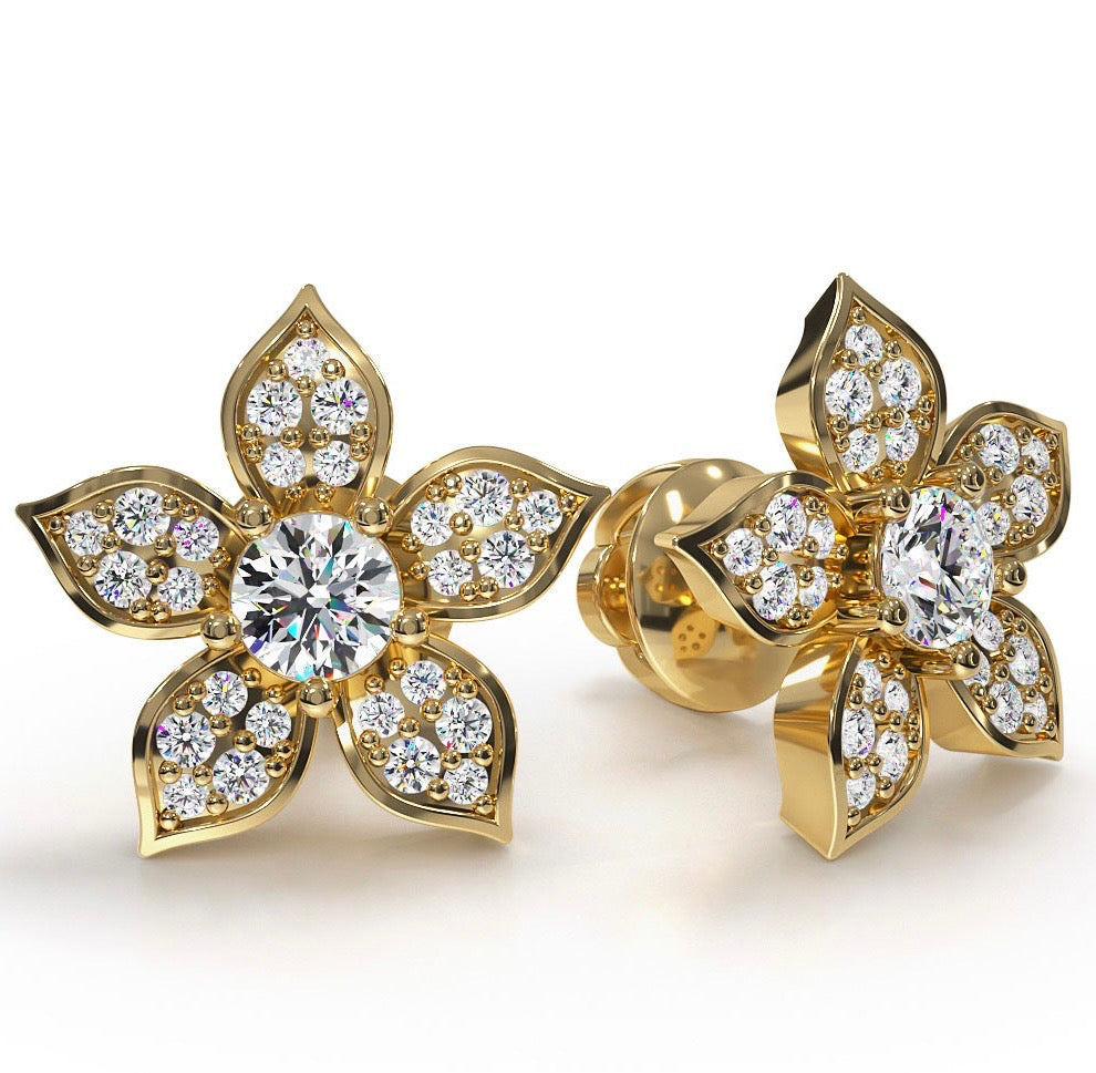 Flower Design Diamond Stud Earrings with Center Diamond- .63ct Total Weight