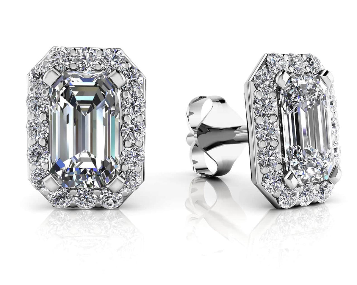 Diamond Emerald Cut Halo Earrings- Choice of Lab or Natural Diamonds - .66ct TW to 2.22ct TW