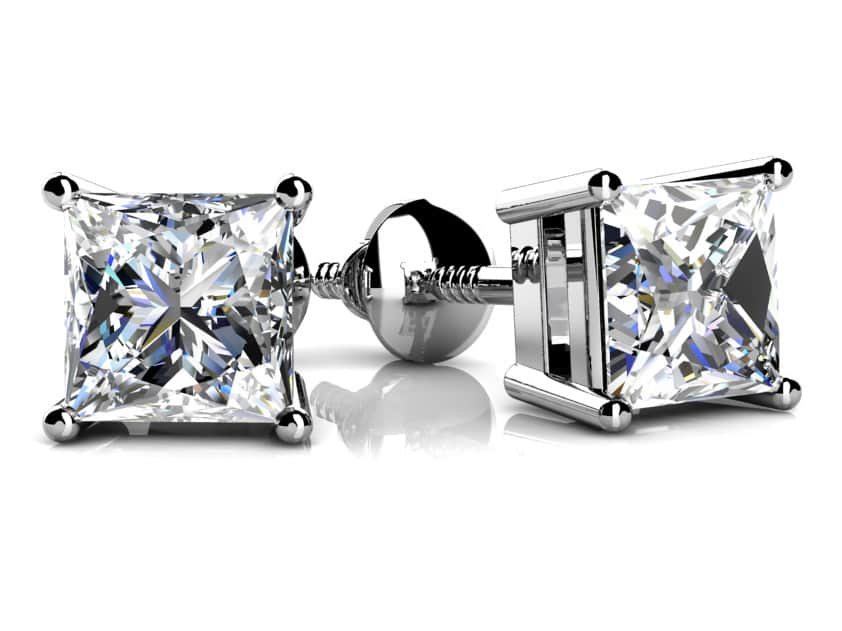 Lab Princess Cut Diamond Stud Earrings - Choice of White Gold or Yellow Gold- .75ct to 2.00ct Total