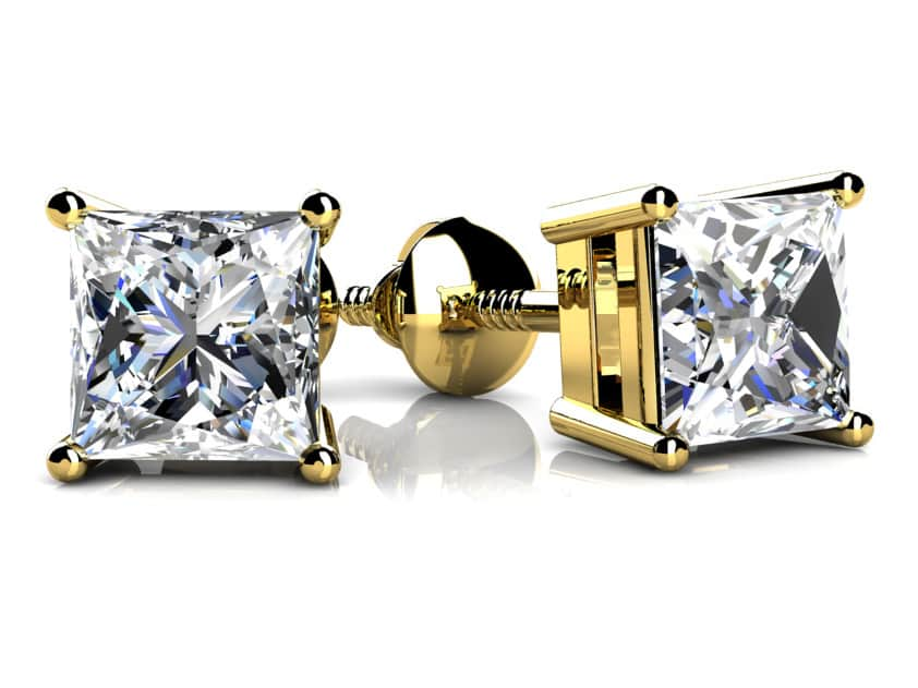 Lab Princess Cut Diamond Stud Earrings - Choice of White Gold or Yellow Gold- .75ct to 2.00ct Total