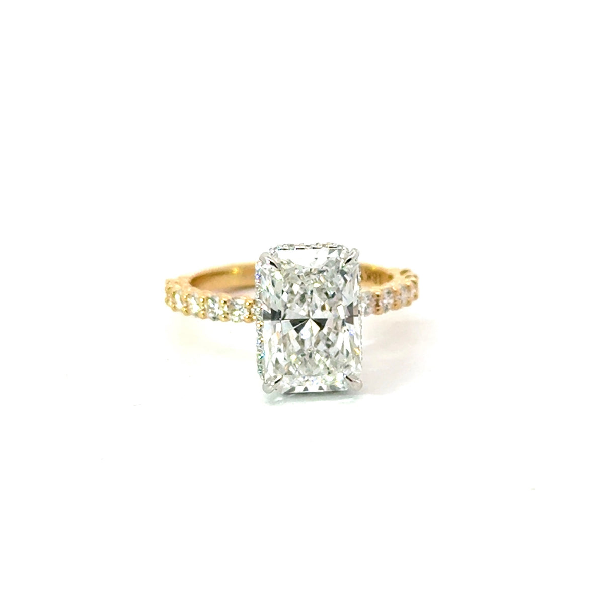 Lab Radiant Cut Diamond with Round Cut Illusion Shank and Reverse Halo- Choice of 1.00ct / 1.50ct / 2.00ct or 2.50CT