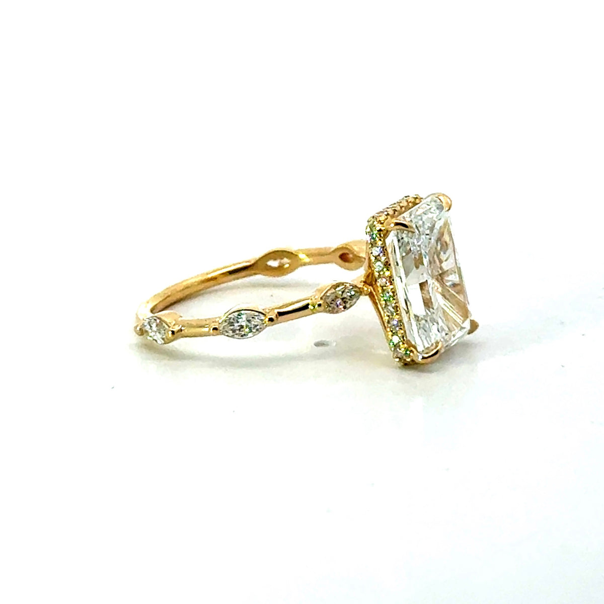Radiant Cut Lab Diamond - Spaced-Out Marquise Shank with Reverse Halo- Choice of 2.00ct / 3.00ct / 4.00ct or 5.00ct