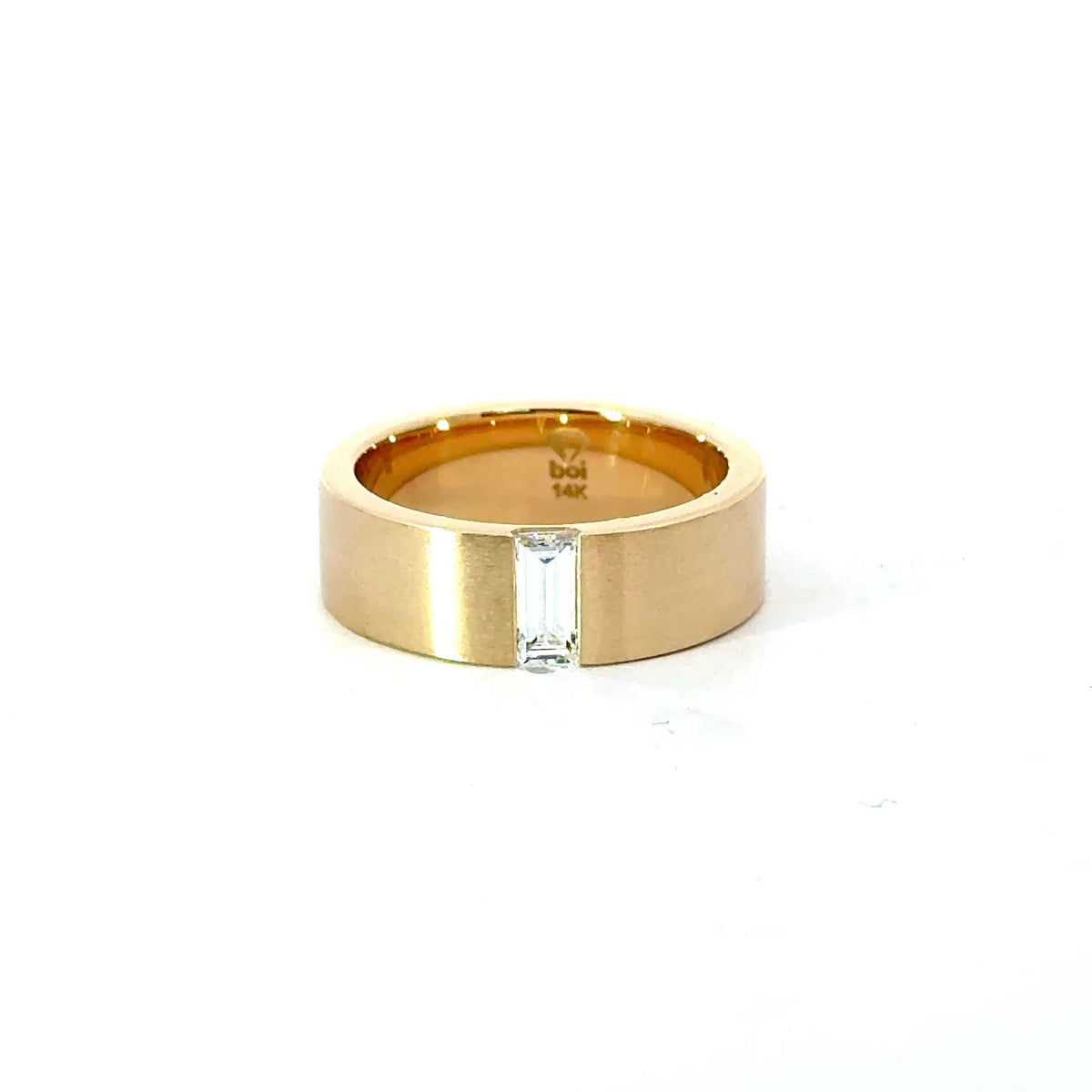 Men&#39;s 7MM Flat Wedding Band with .50ct Straight Baguette- Choice of White / Yellow or Rose Gold