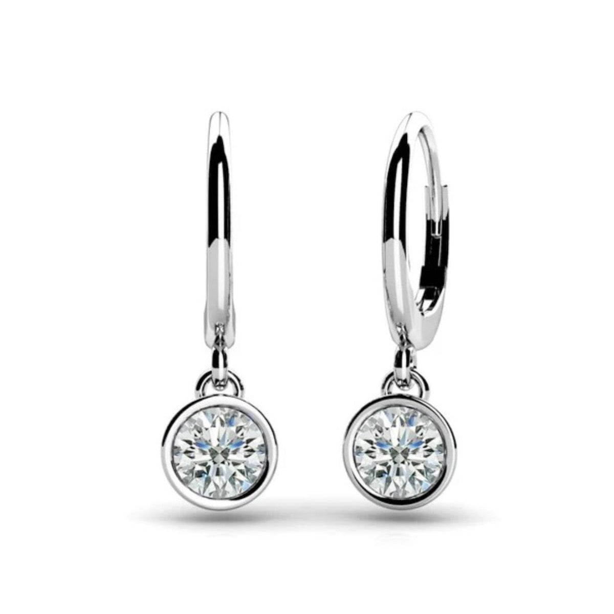 Bezel set round diamond drop earrings with leverbacks in 14KT gold – view 1 of 3