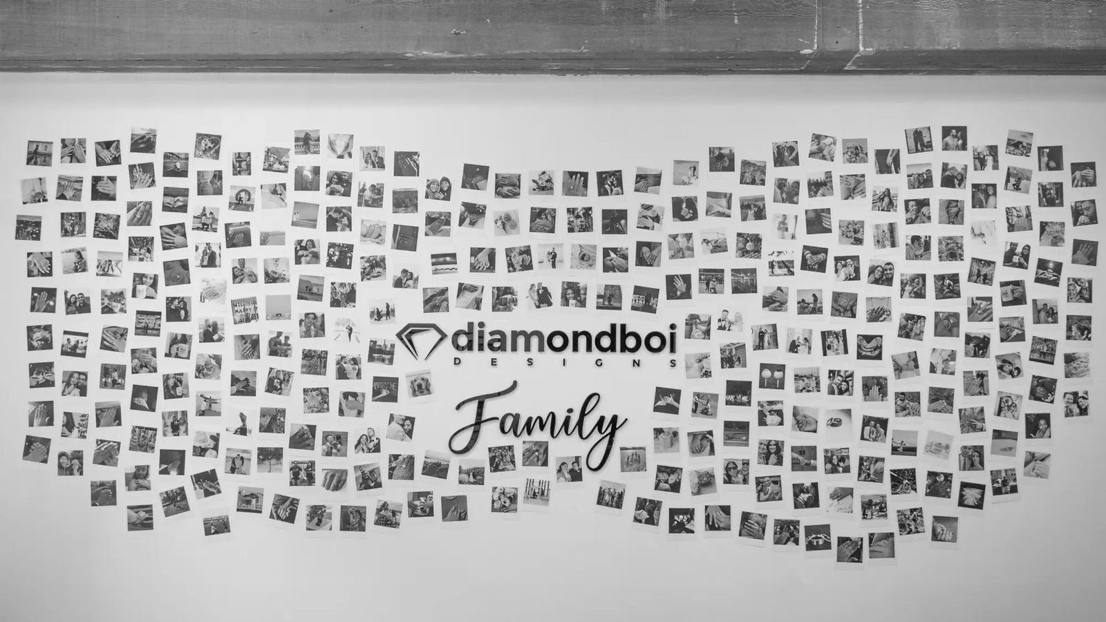 Black-and-white photo collage wall featuring the ’diamondboi designs’ logo and cursive ’family’ text.