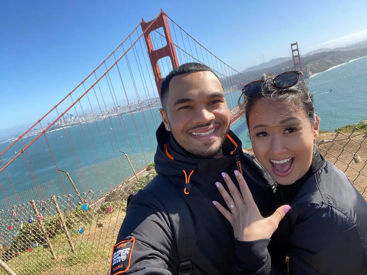 Newly engaged couple at the Golden Gate Bridge
