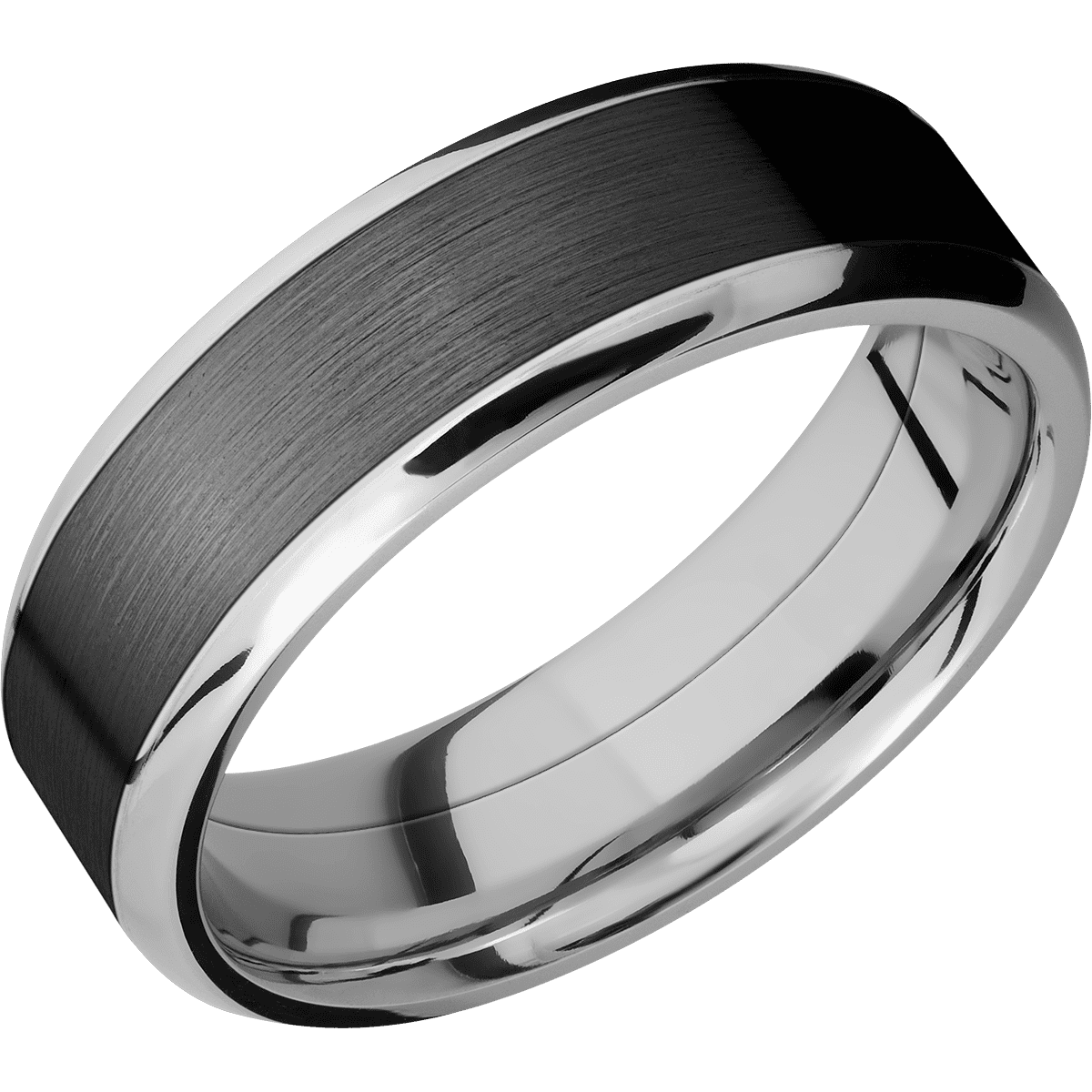 Cobalt Chrome + Polish Polish Finish - 7 mm wide/Beveled/Cobalt Chrome band with one 5 mm Centered inlay of Zirconium.