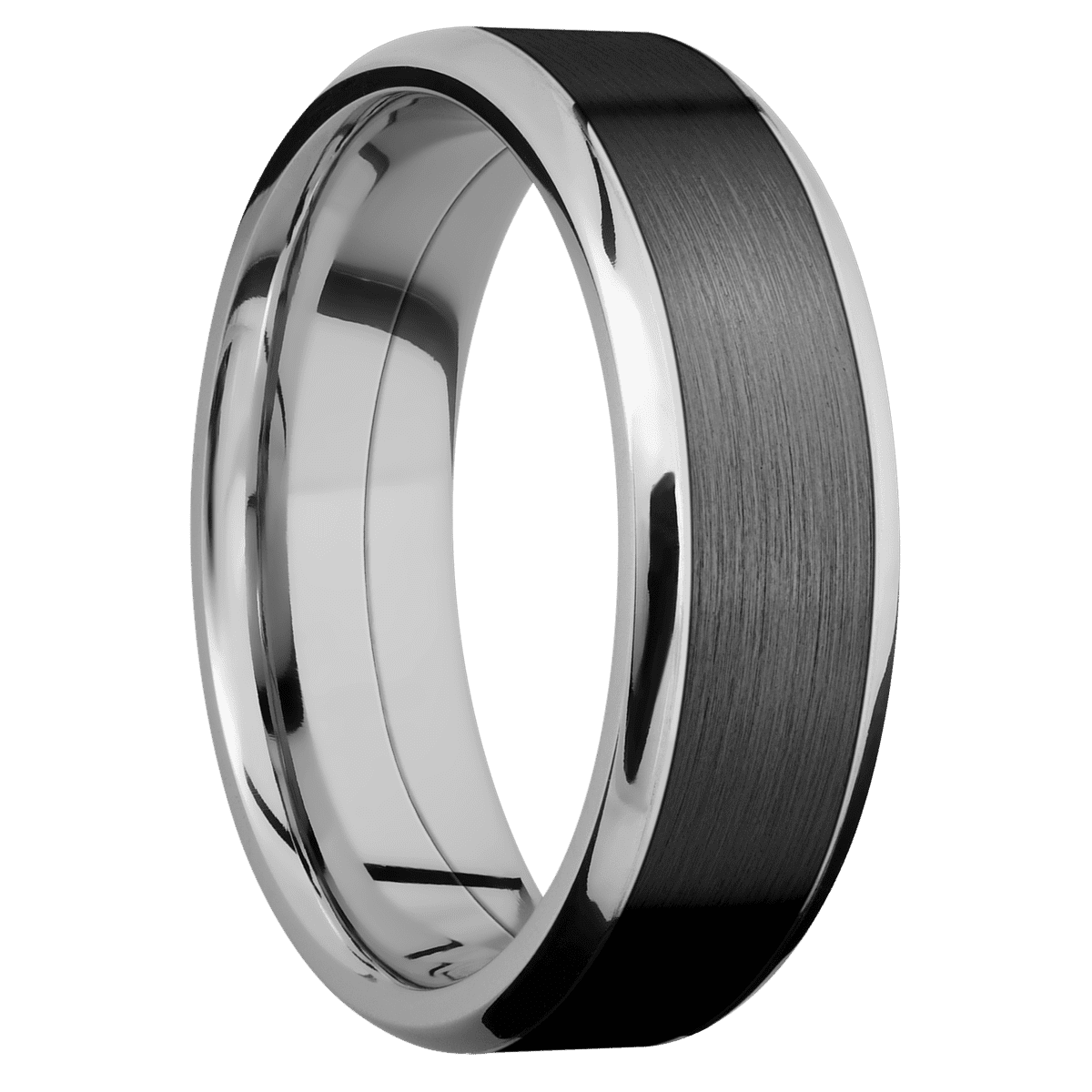Cobalt Chrome + Polish Polish Finish - 7 mm wide/Beveled/Cobalt Chrome band with one 5 mm Centered inlay of Zirconium.