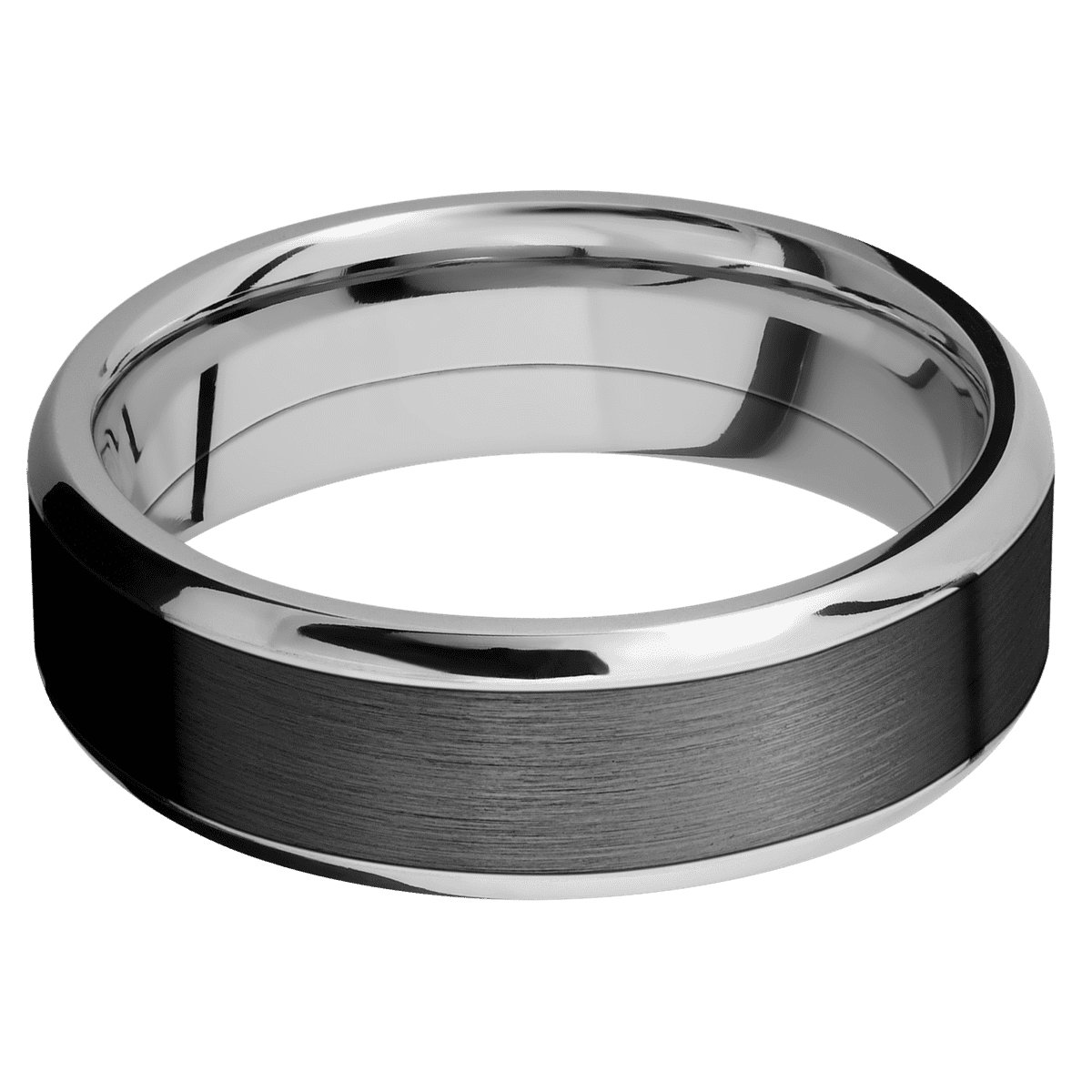 Cobalt Chrome + Polish Polish Finish - 7 mm wide/Beveled/Cobalt Chrome band with one 5 mm Centered inlay of Zirconium.