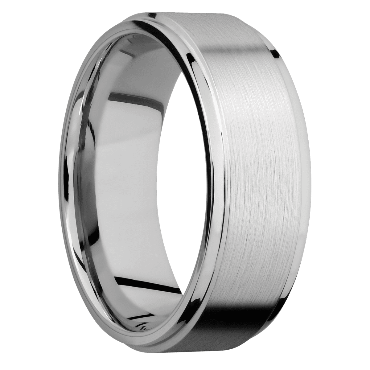 Cobalt Chrome + Satin Polish Finish + 14K White Gold - 8 mm wide Flat Grooved Edges Cobalt Chrome band featuring a 14K