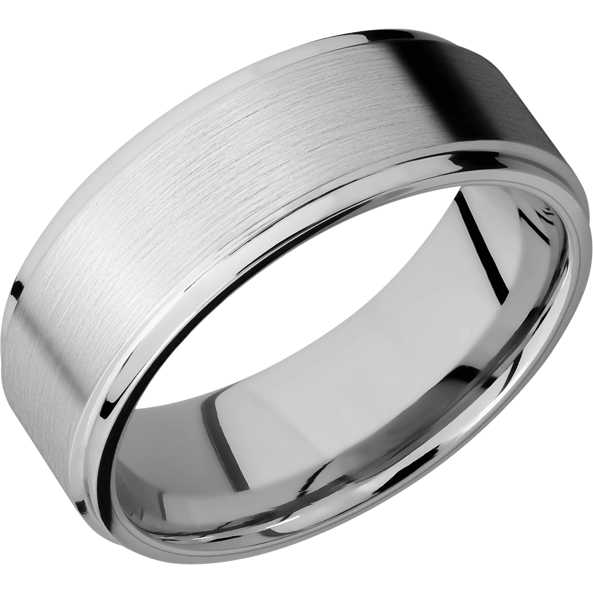 Cobalt Chrome + Satin Polish Finish + 14K White Gold - 8 mm wide Flat Grooved Edges Cobalt Chrome band featuring a 14K