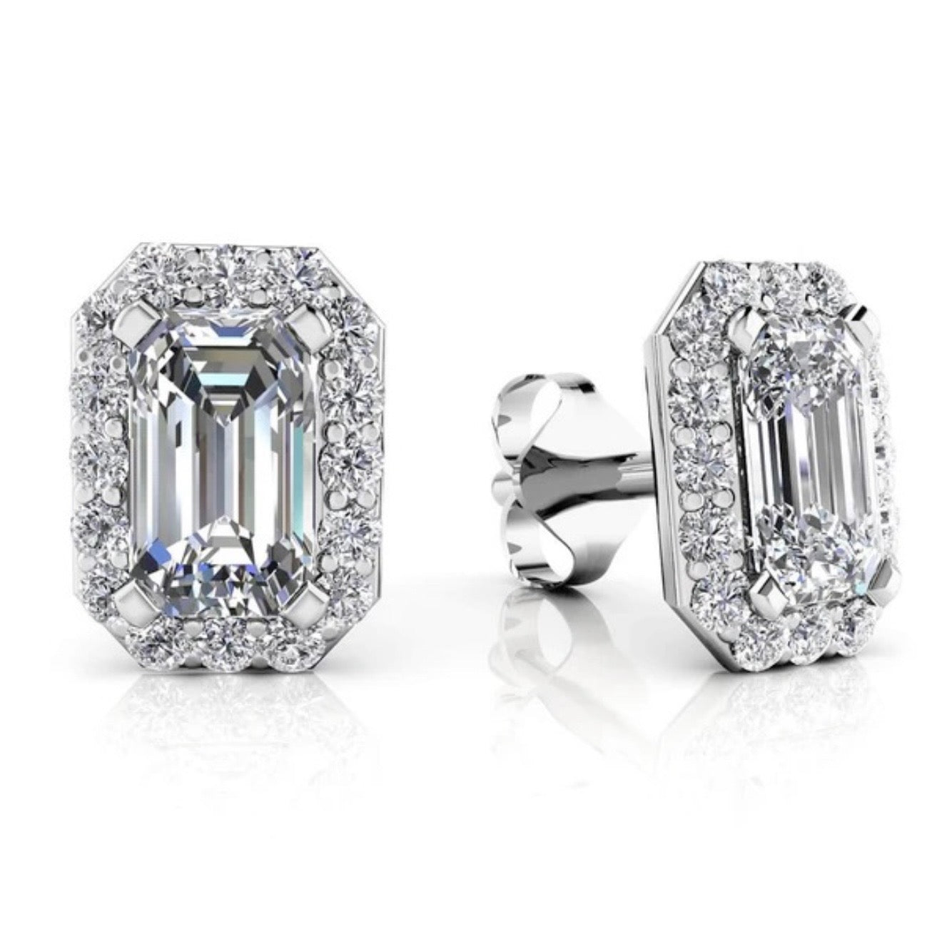 Diamond Emerald Cut Halo Earrings- Choice of Lab or Natural Diamonds -.66ct TW to 2.22ct TW - Lab or Natural Diamond