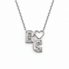 Diamond initial necklace in 14K white gold, two lab-grown diamond letters B and C with an open heart on a rolo chain