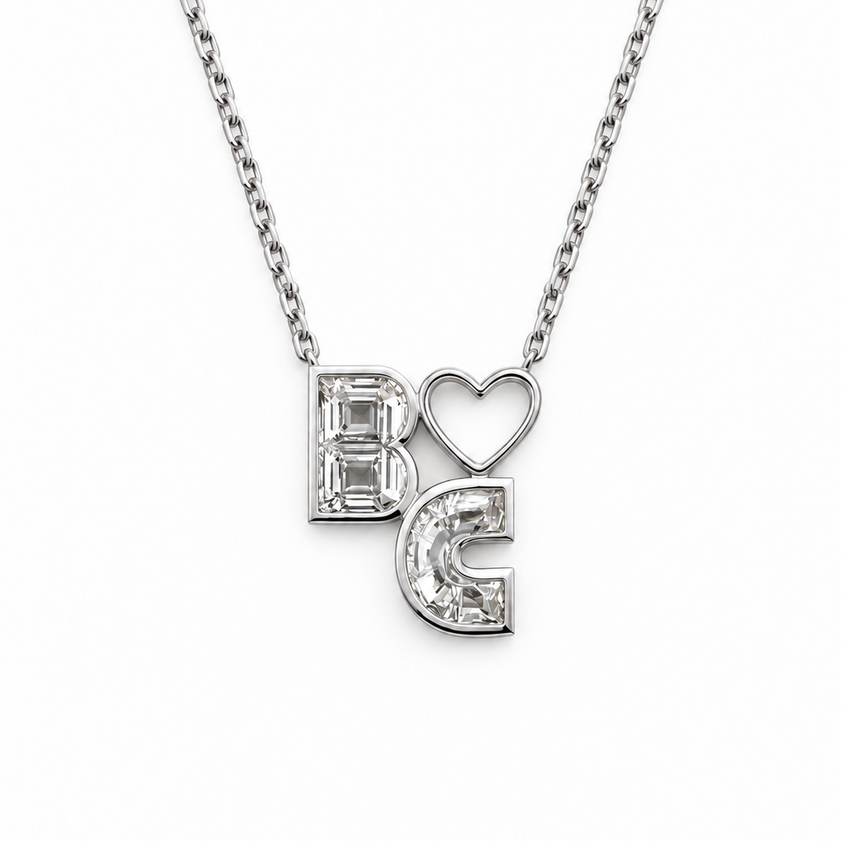 Diamond initial necklace in 14K white gold, two lab-grown diamond letters B and C with an open heart on a rolo chain