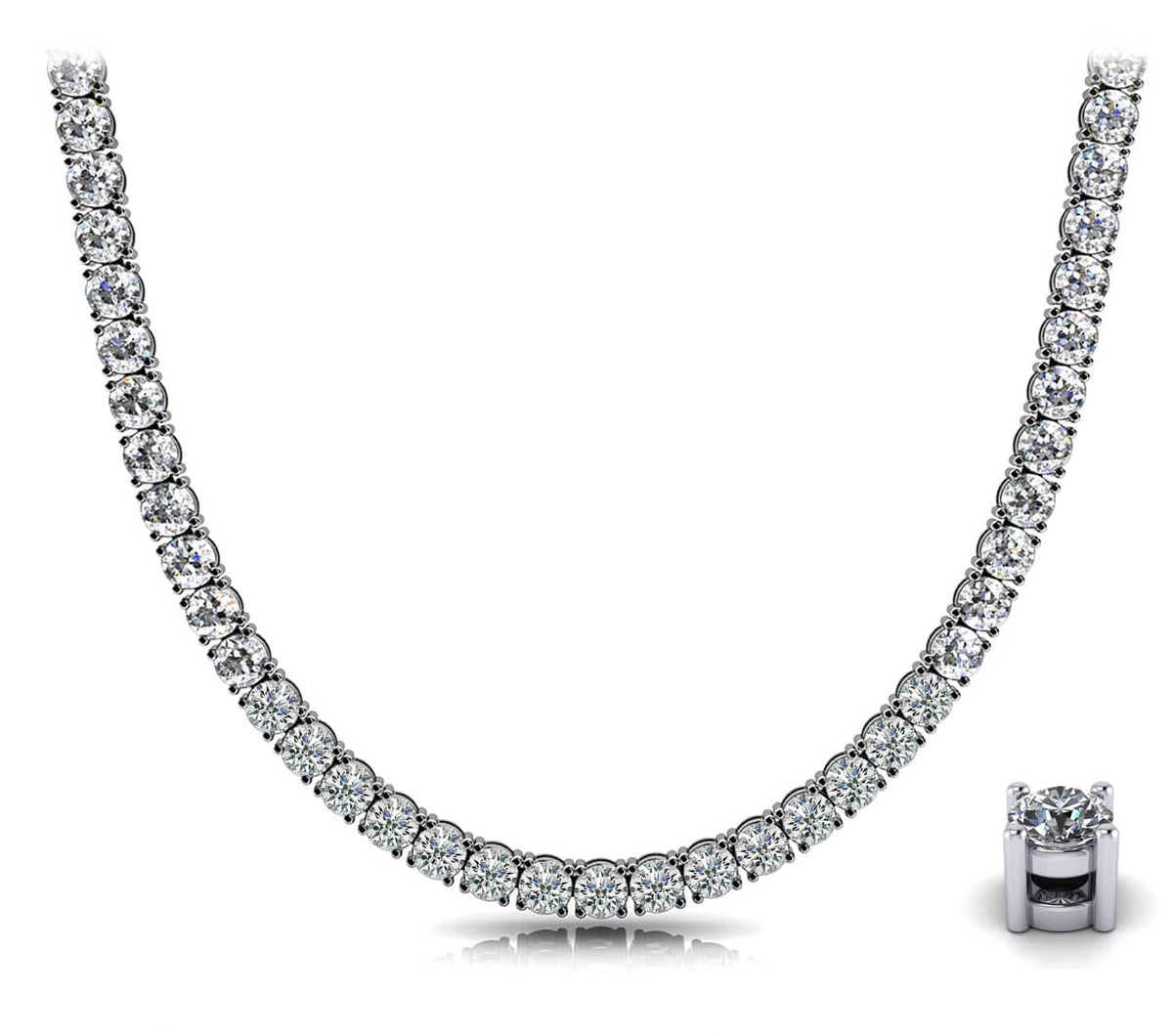Round diamond tennis necklace, 16 inch, 18k white gold with four-prong setting detail