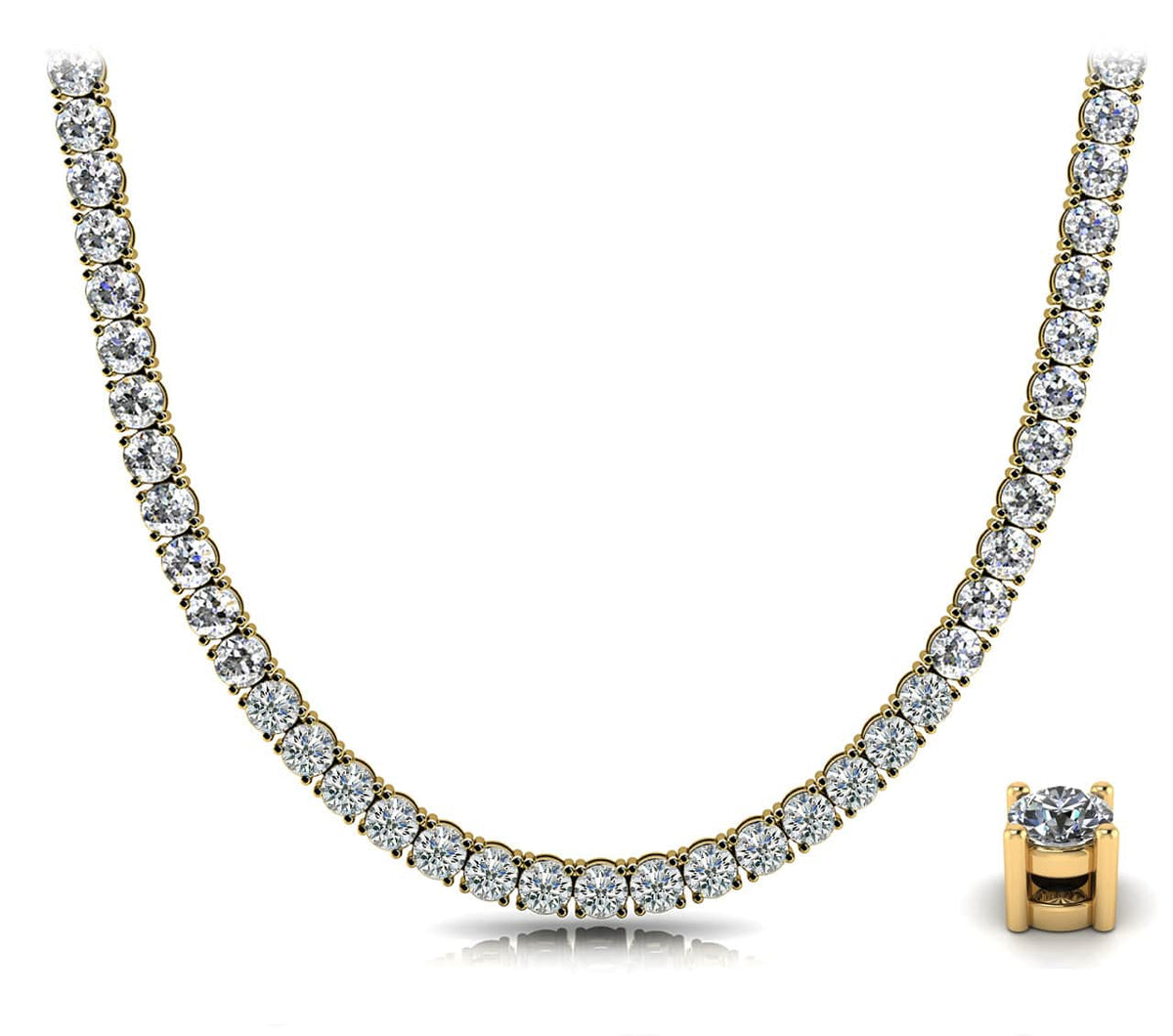 Round diamond tennis necklace, 16 inch, 18k yellow gold with four-prong setting detail
