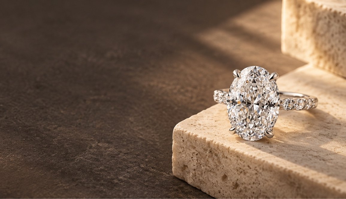 An oval diamond engagement ring resting on a travertine block over dark stone