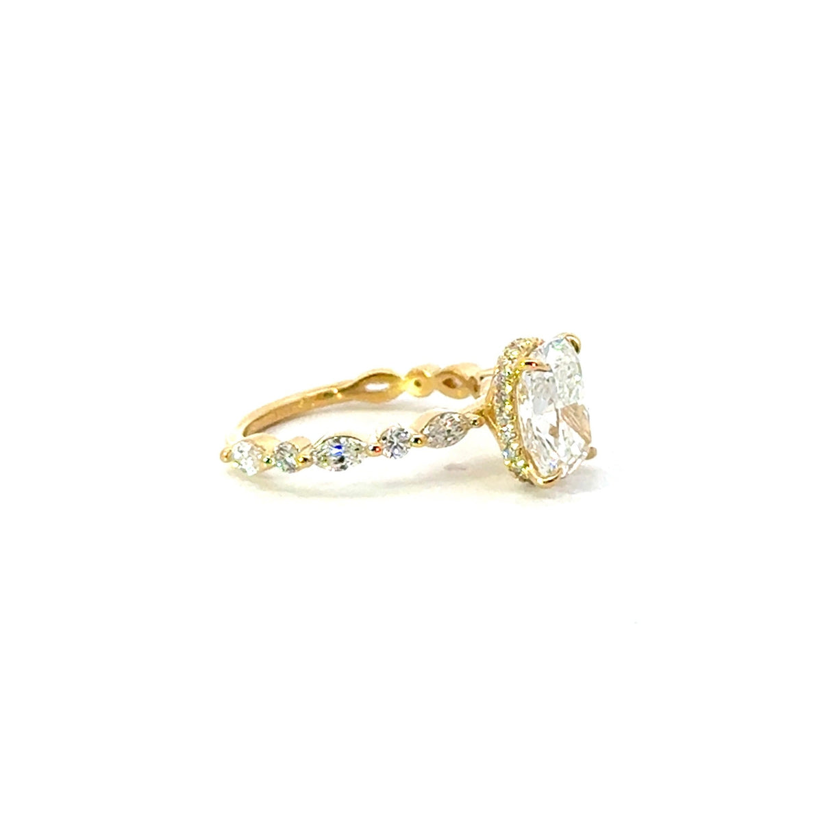 Elongated Cushion natural diamond engagement ring, marquise / round station band – view 2 of 3