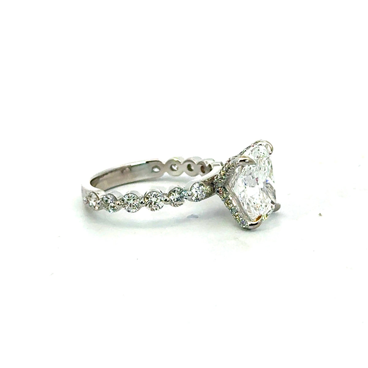 Elongated Cushion Natural Diamond - Shared Bead Shank with Diamond Encrusted Prongs / Choice of.80ct / 1.00ct / 1.20ct