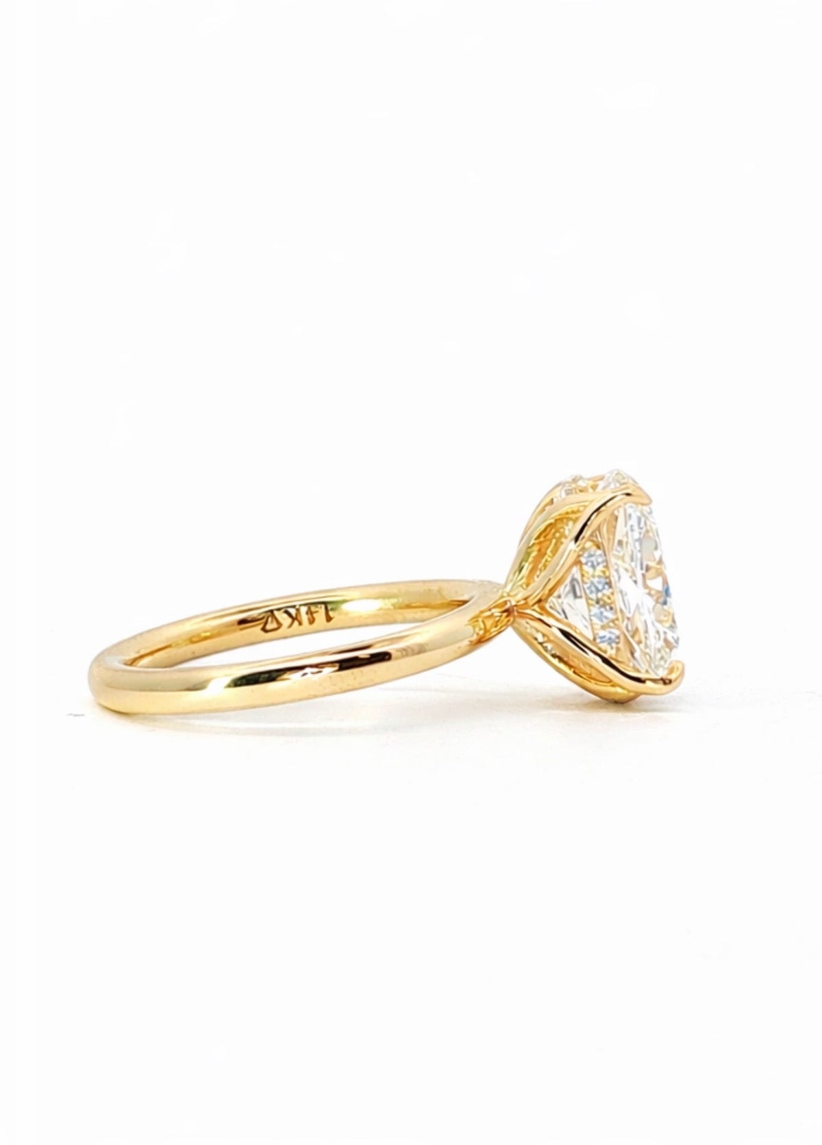 Elongated Cushion lab diamond engagement ring, reverse halo setting, petal prong setting – view 3 of 3