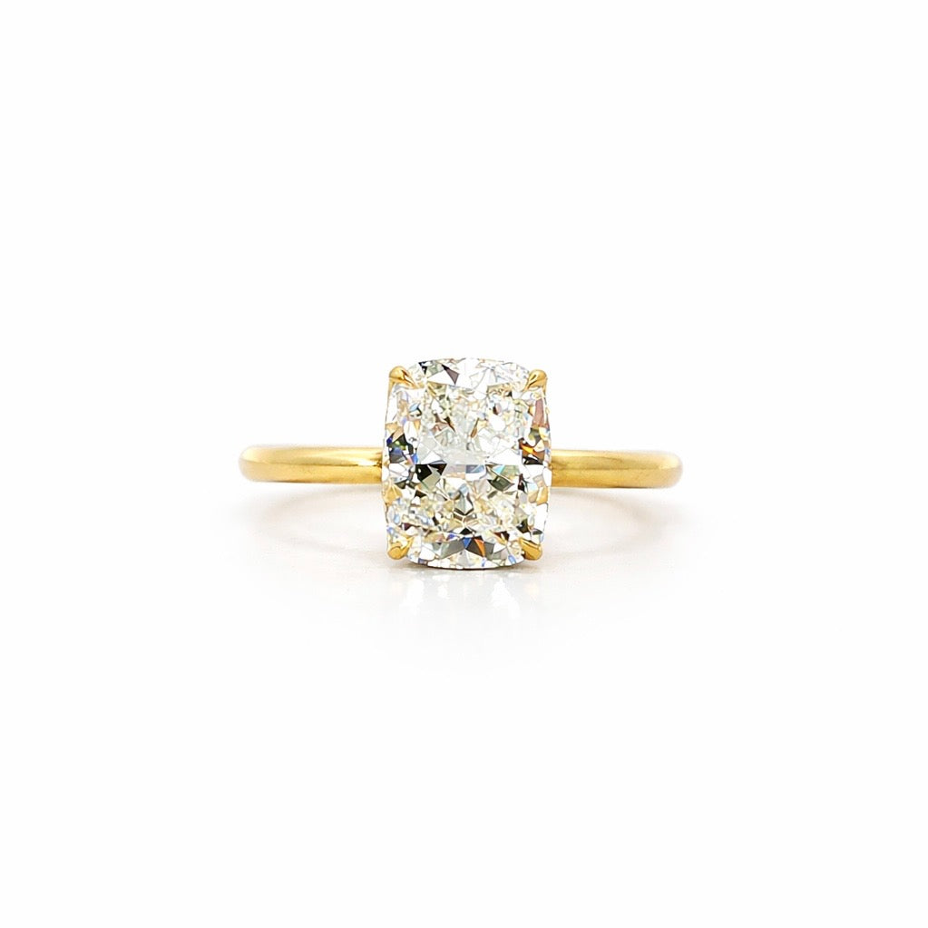 Elongated Cushion lab diamond engagement ring, reverse halo setting, petal prong setting – view 1 of 3