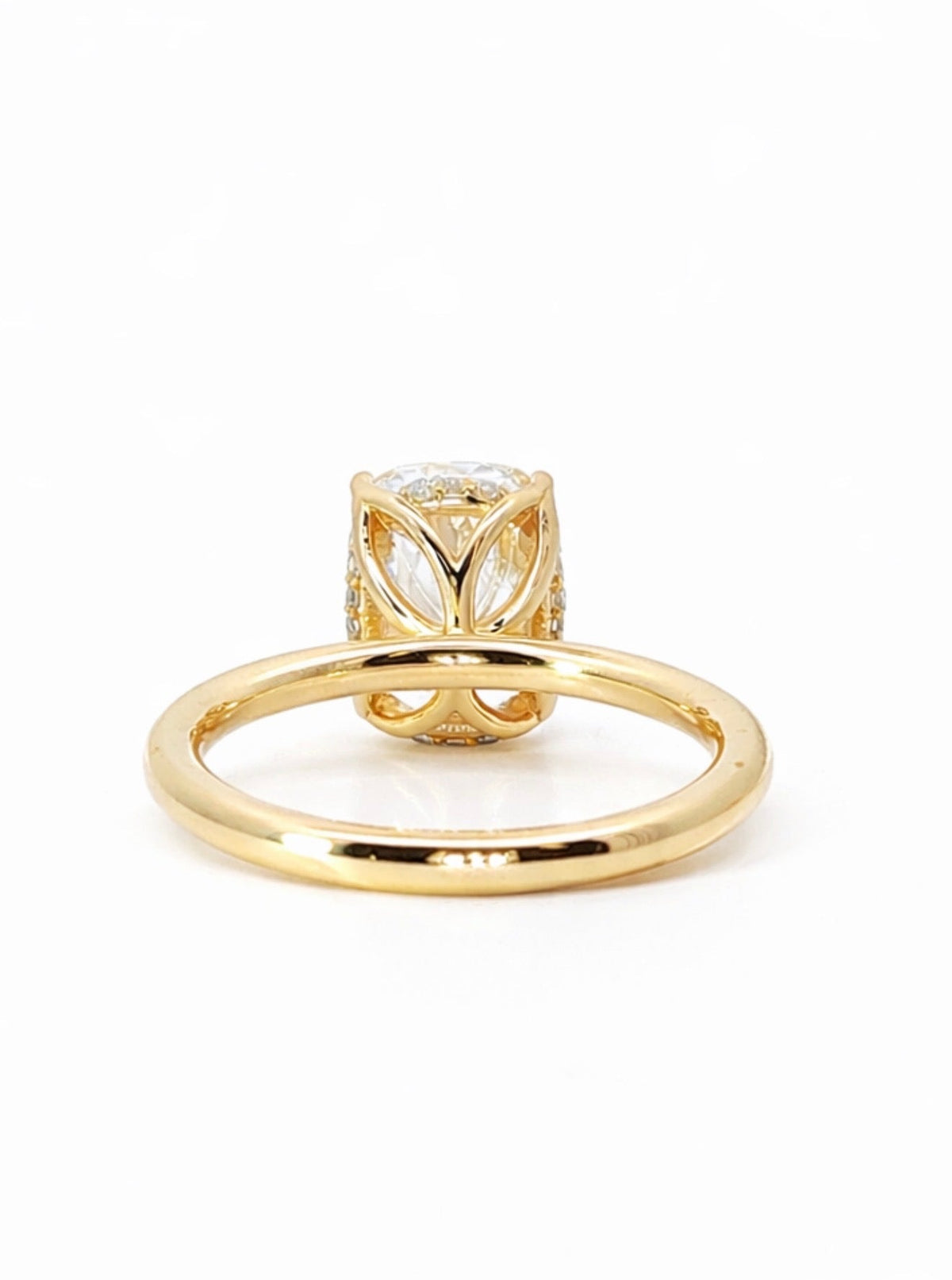 Elongated Cushion lab diamond engagement ring, reverse halo setting, petal prong setting – view 2 of 3