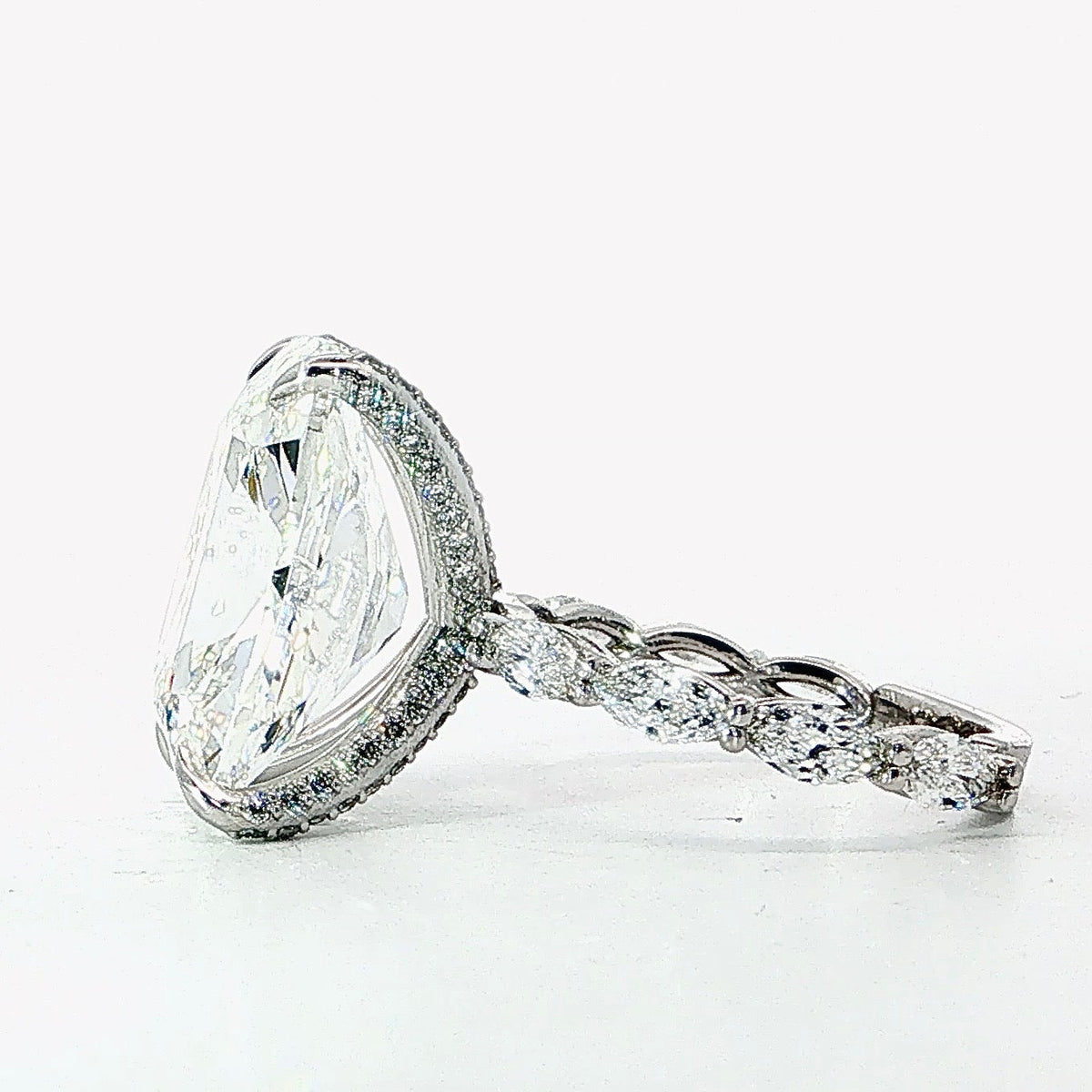 Elongated Old Mine lab diamond engagement ring, marquise illusion setting with diamond prongs – view 2 of 2
