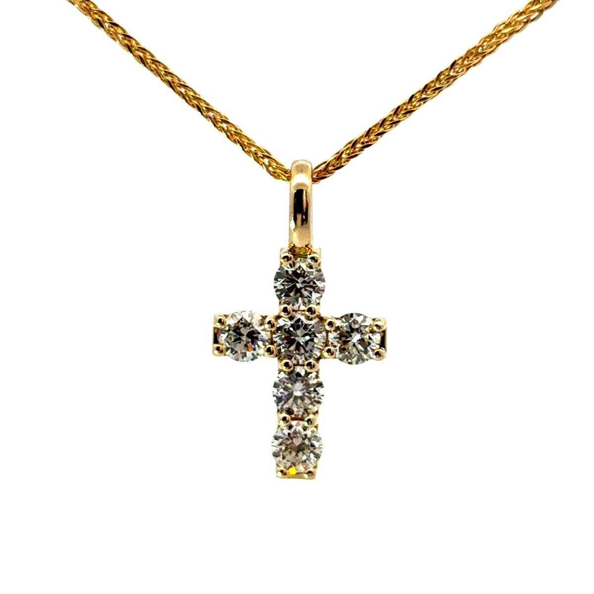 Emerald cut diamond cross pendant in 14KT gold on a popcorn chain – view 2 of 3