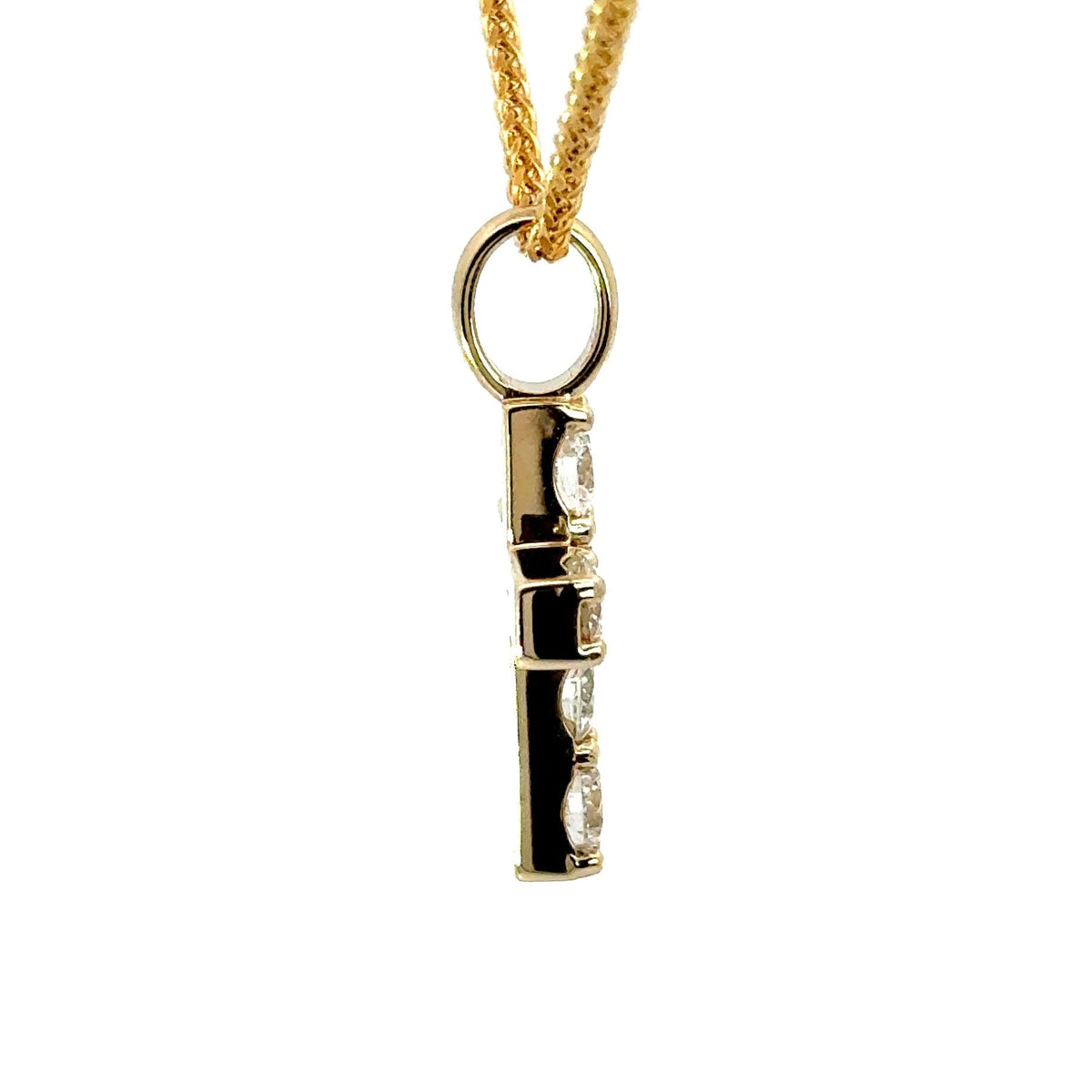 Emerald cut diamond cross pendant in 14KT gold on a popcorn chain – view 3 of 3