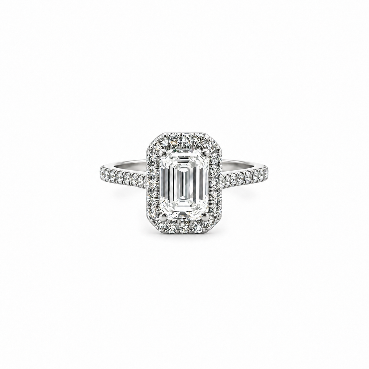 Emerald lab diamond engagement ring, classic halo design with italian pave shank – view 1 of 3
