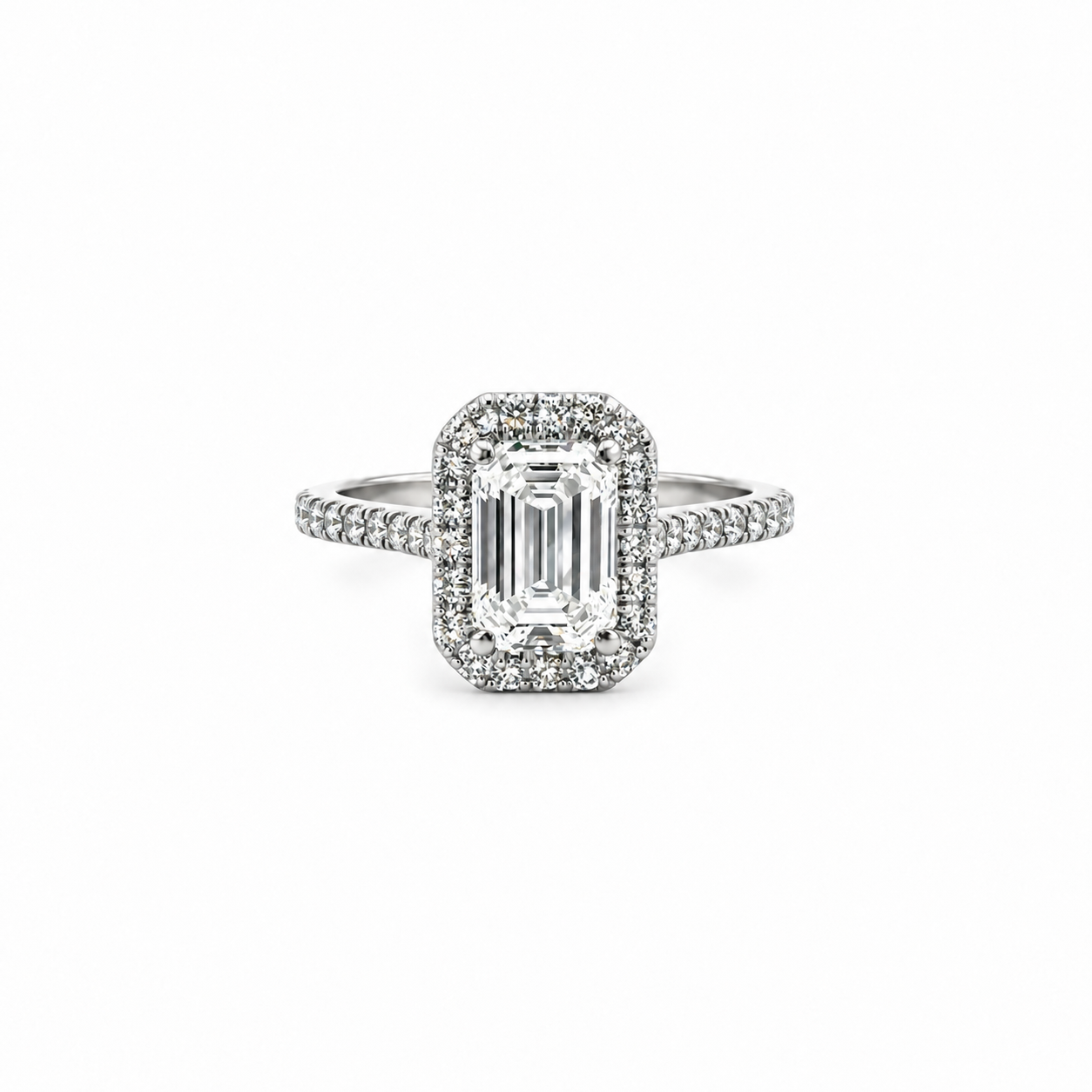 Emerald lab diamond engagement ring, classic halo design with italian pave shank – view 1 of 3