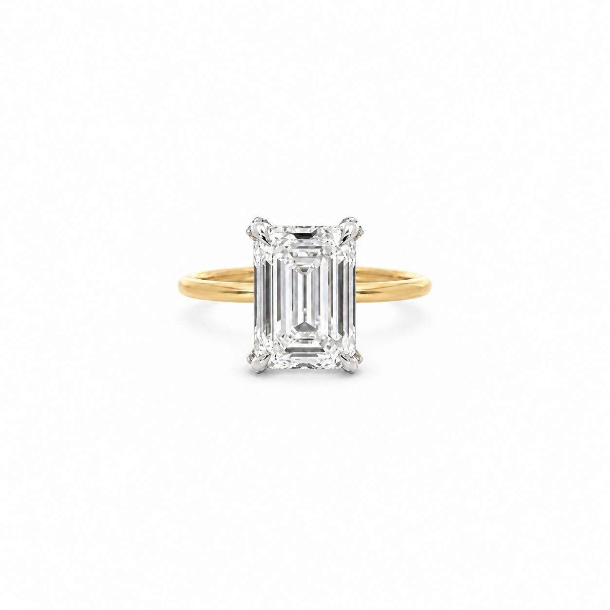 Emerald lab diamond engagement ring, diamond encrusted prongs – view 1 of 3