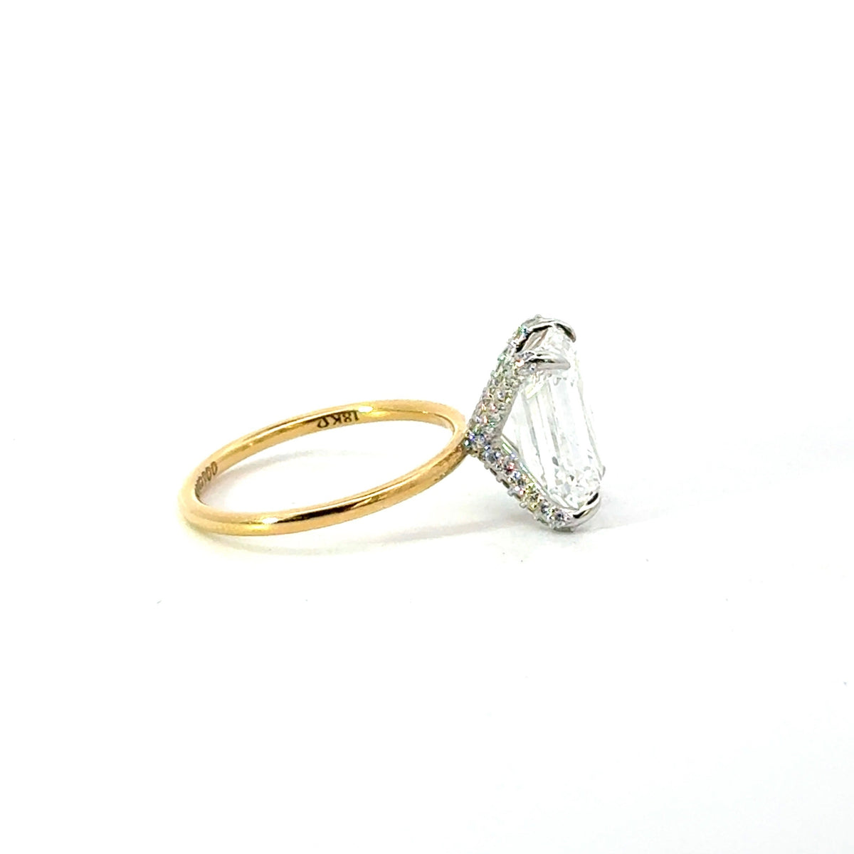 Emerald lab diamond engagement ring, diamond encrusted prongs – view 3 of 3
