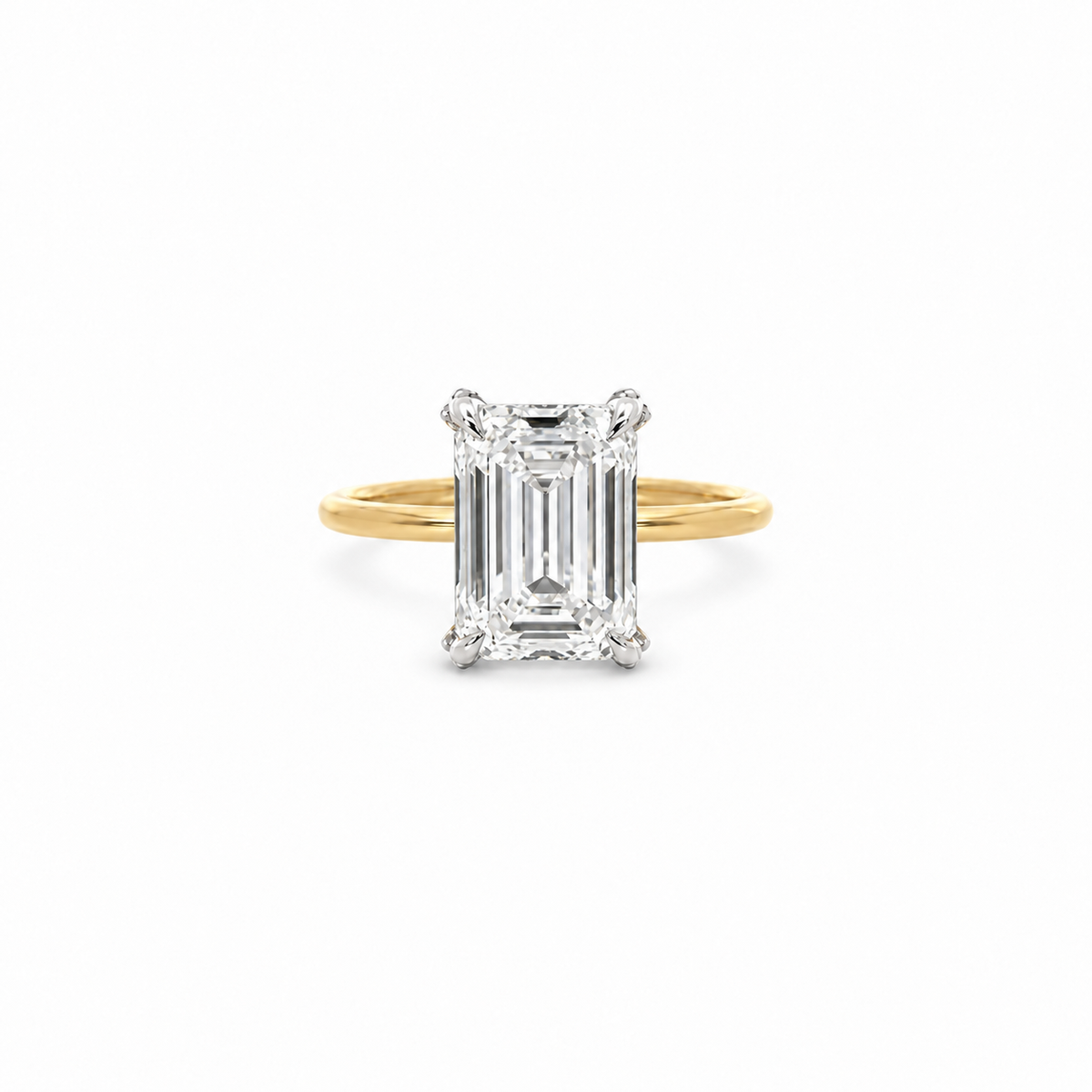 Emerald lab diamond engagement ring, diamond encrusted prongs – view 1 of 3
