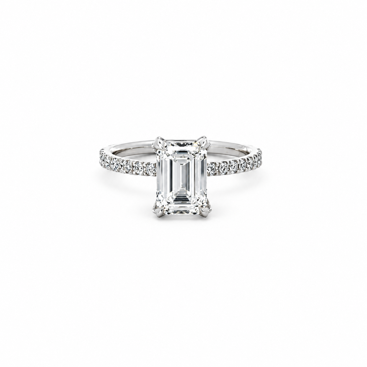 Emerald lab diamond engagement ring, diamond encrusted prongs – view 1 of 3
