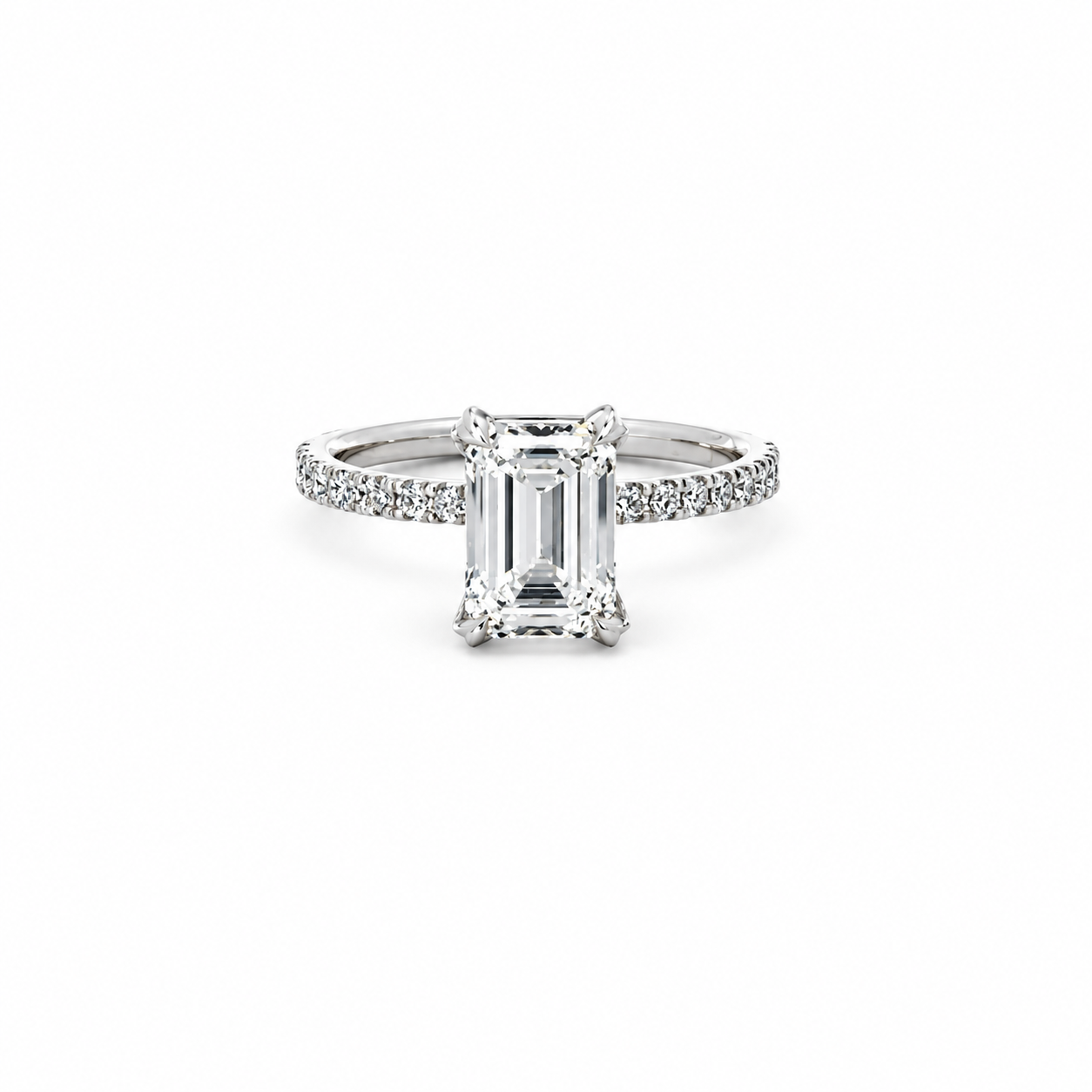 Emerald lab diamond engagement ring, diamond encrusted prongs – view 1 of 3
