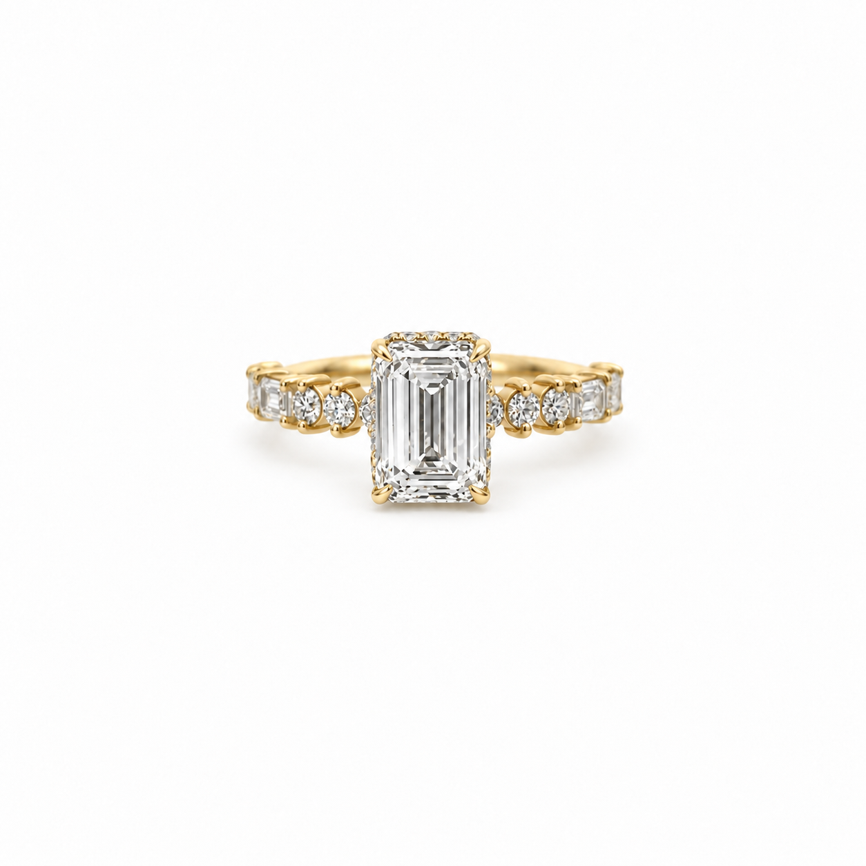 Emerald lab diamond engagement ring, multi shape design with reverse halo – view 1 of 5
