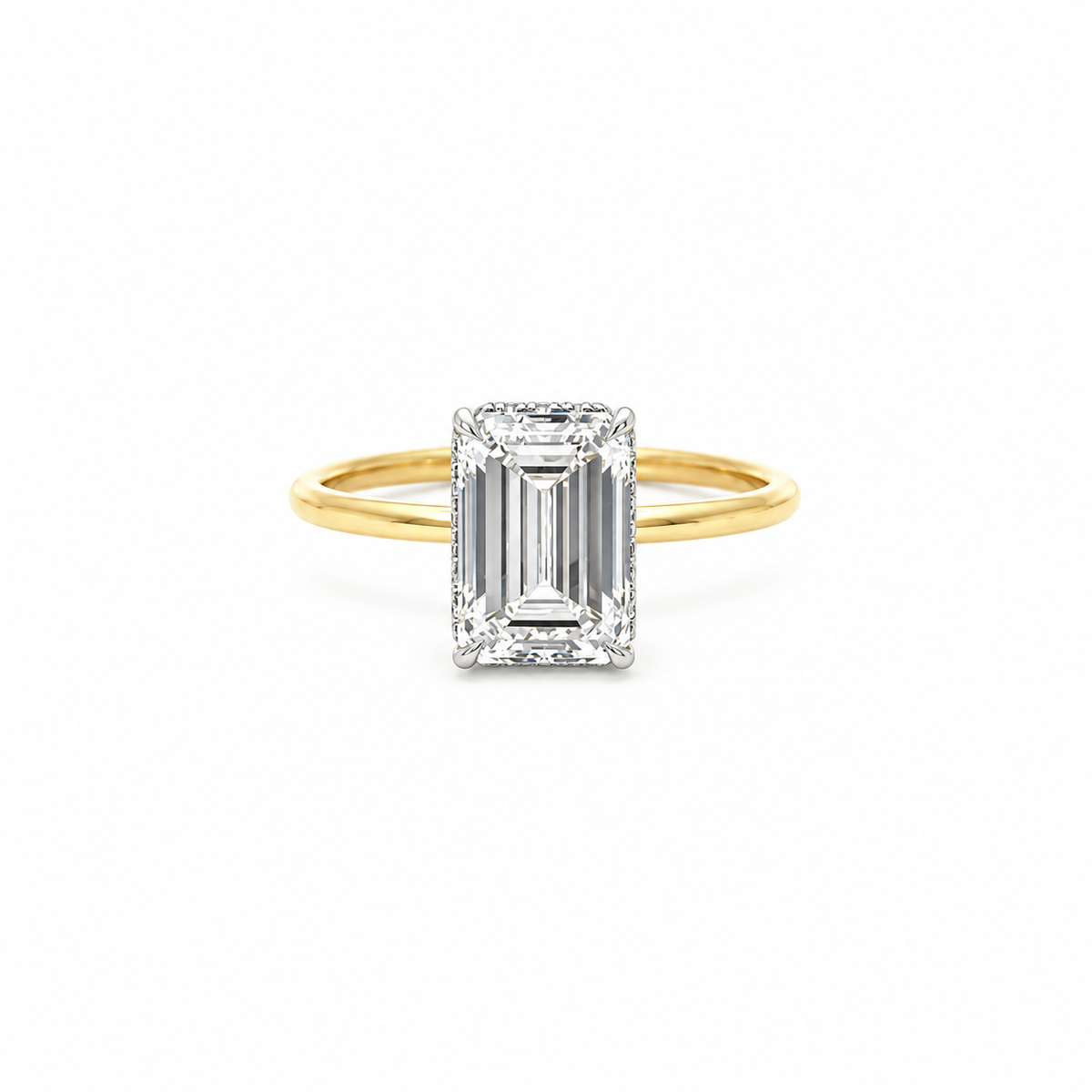 Emerald lab diamond engagement ring, reverse halo/ 1.50mm tube shank design – view 1 of 3