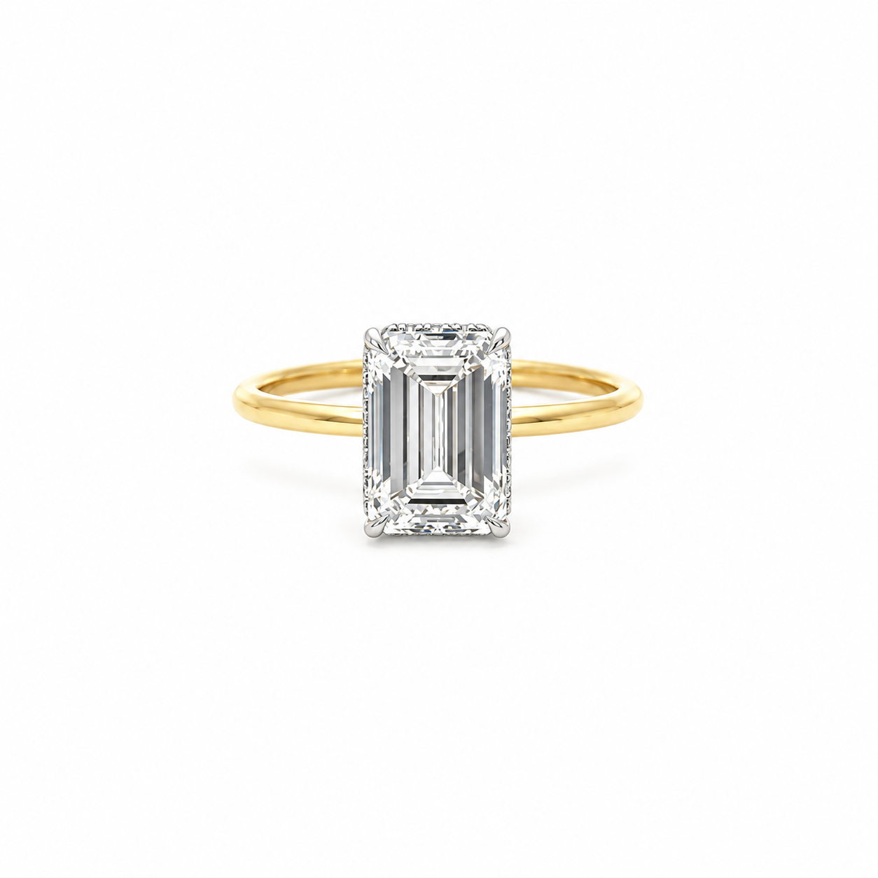 Emerald lab diamond engagement ring, reverse halo/ 1.50mm tube shank design – view 1 of 3