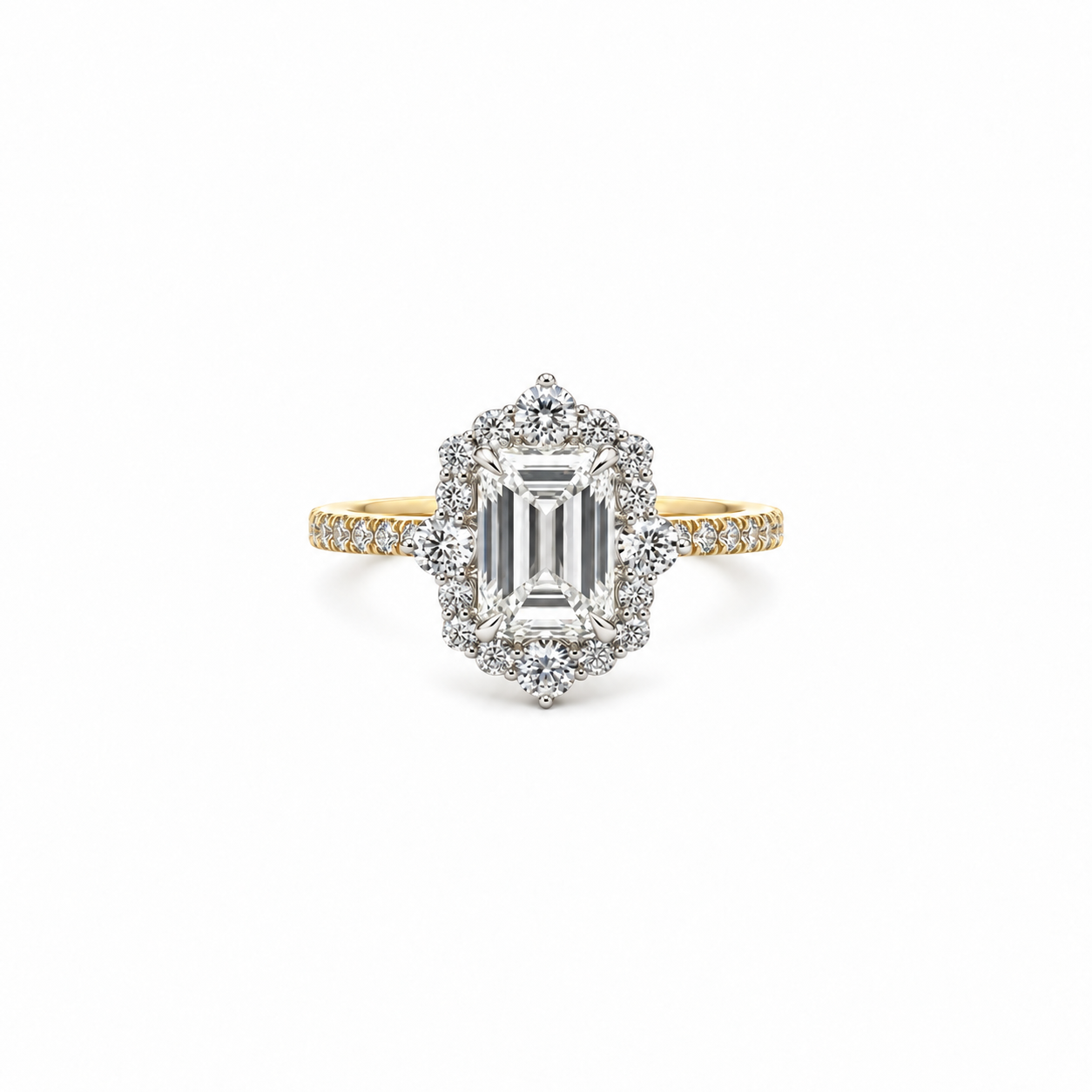 Emerald lab diamond engagement ring, vintage inspired halo design – view 1 of 3
