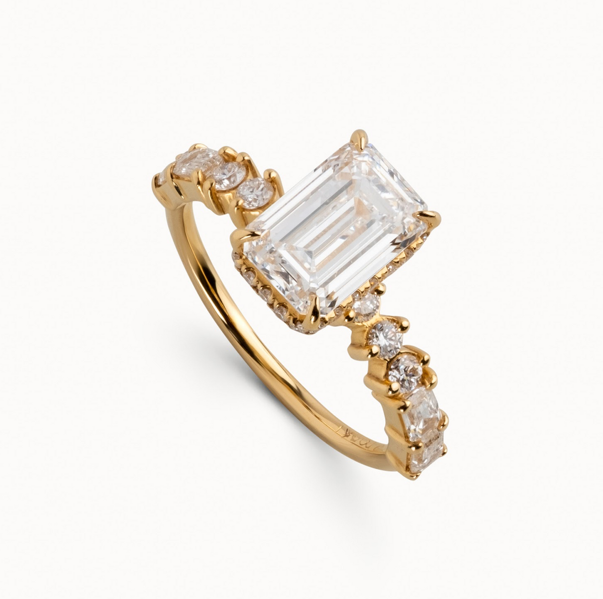 Emerald natural diamond engagement ring, multi shape design with reverse halo – view 4 of 5