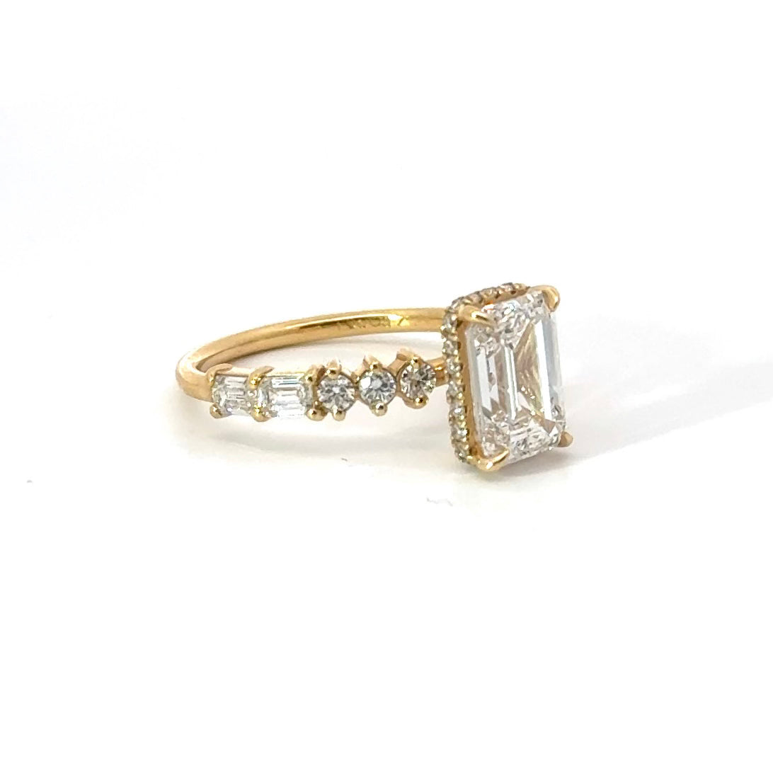 Emerald natural diamond engagement ring, multi shape design with reverse halo – view 2 of 5