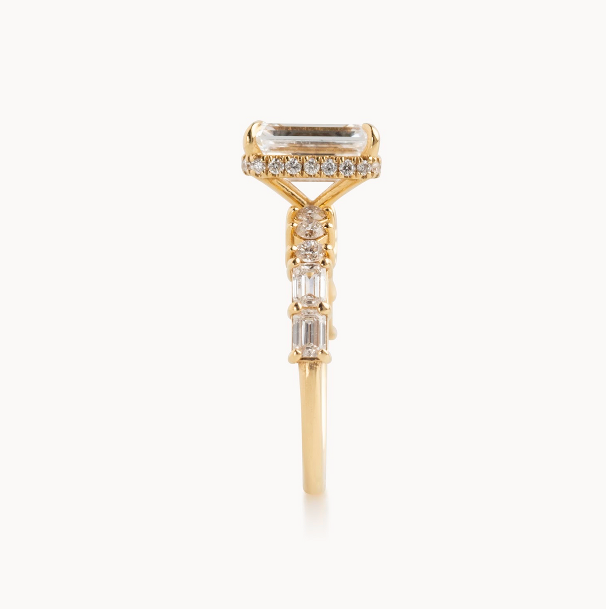 Emerald natural diamond engagement ring, multi shape design with reverse halo – view 3 of 5