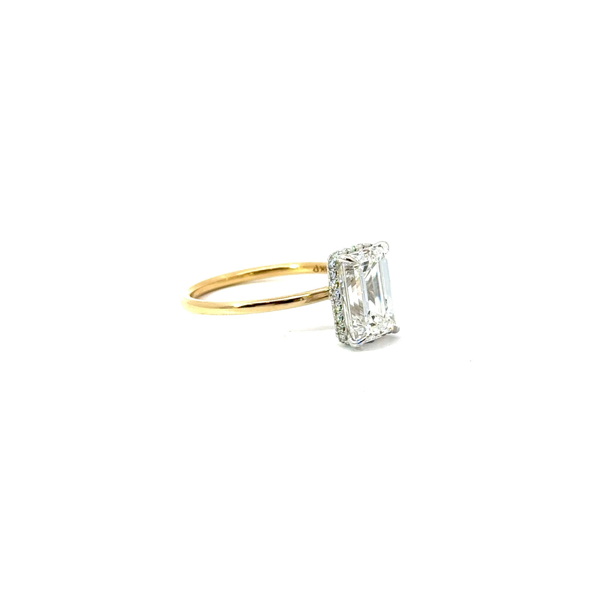 Emerald natural diamond engagement ring, reverse halo/ 1.50mm tube shank design – view 2 of 3