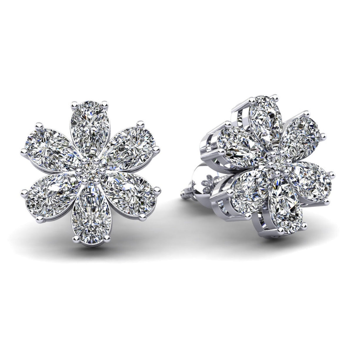 Flower Shaped Stud Earrings with Pear Shape Stones- Choice of 1.97ct / 2.54ct or 3.64ct - Lab Diamond Stud Earrings